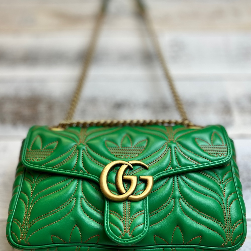 GUCCI x Adidas Green Marmont Purse Bag 443497 Leather Logo Gold Chain GG RARE - Picture 5 of 16